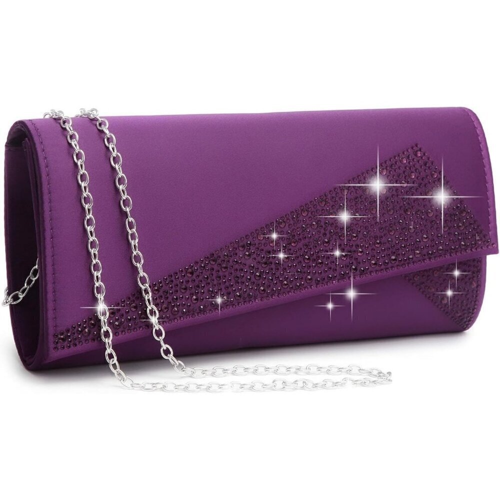 Women's Purple Satin Rhinestone Evening Clutch Bag Sparkle Glitter Purse
